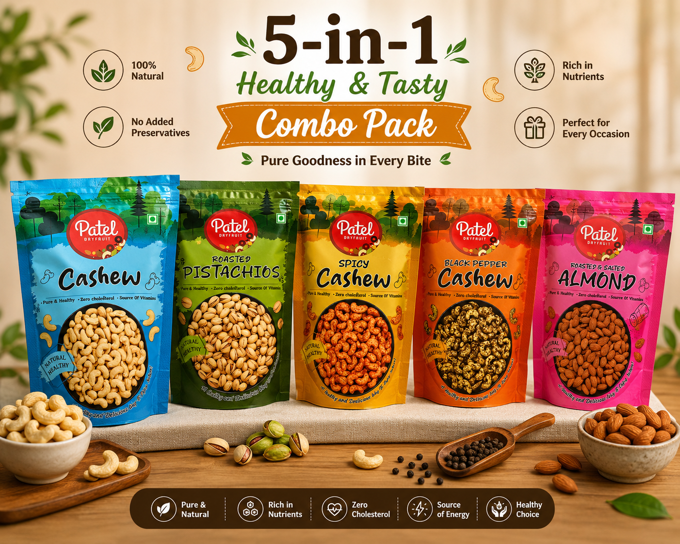 5-in-1 Nuts Combo Pack - Cashew, Roasted Pistachios, Spicy Cashew, Black Pepper Cashew & Roasted Salted Almond